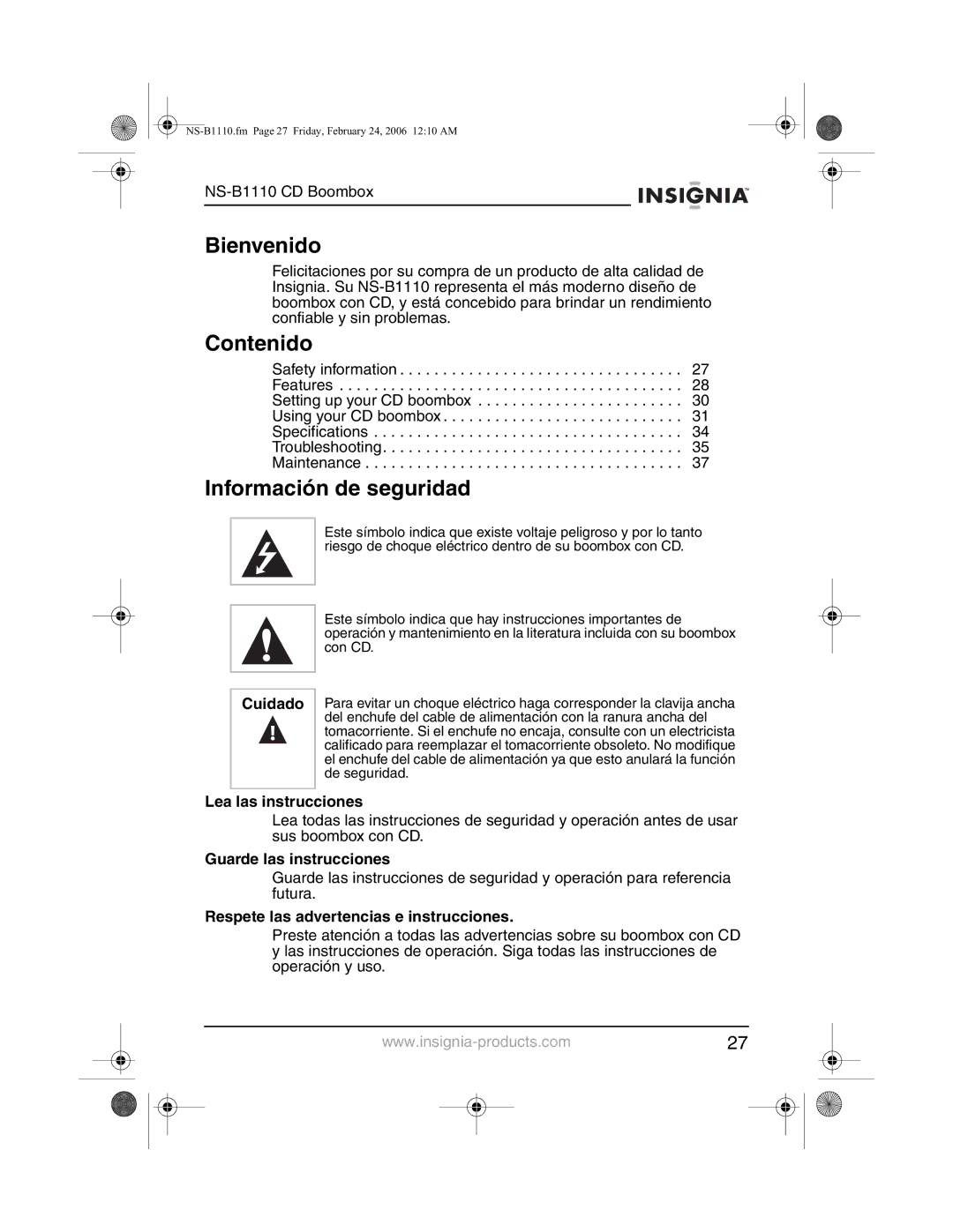 Insignia NS-B1110 manual Bienvenido, Contenido, Información de seguridad 