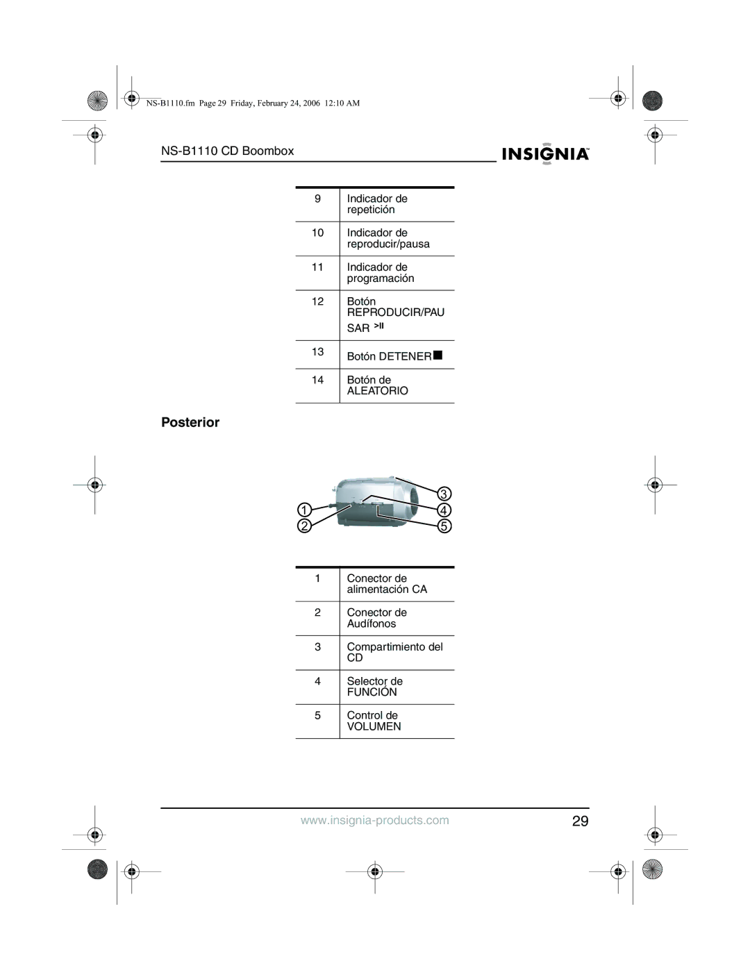 Insignia NS-B1110 manual Posterior 