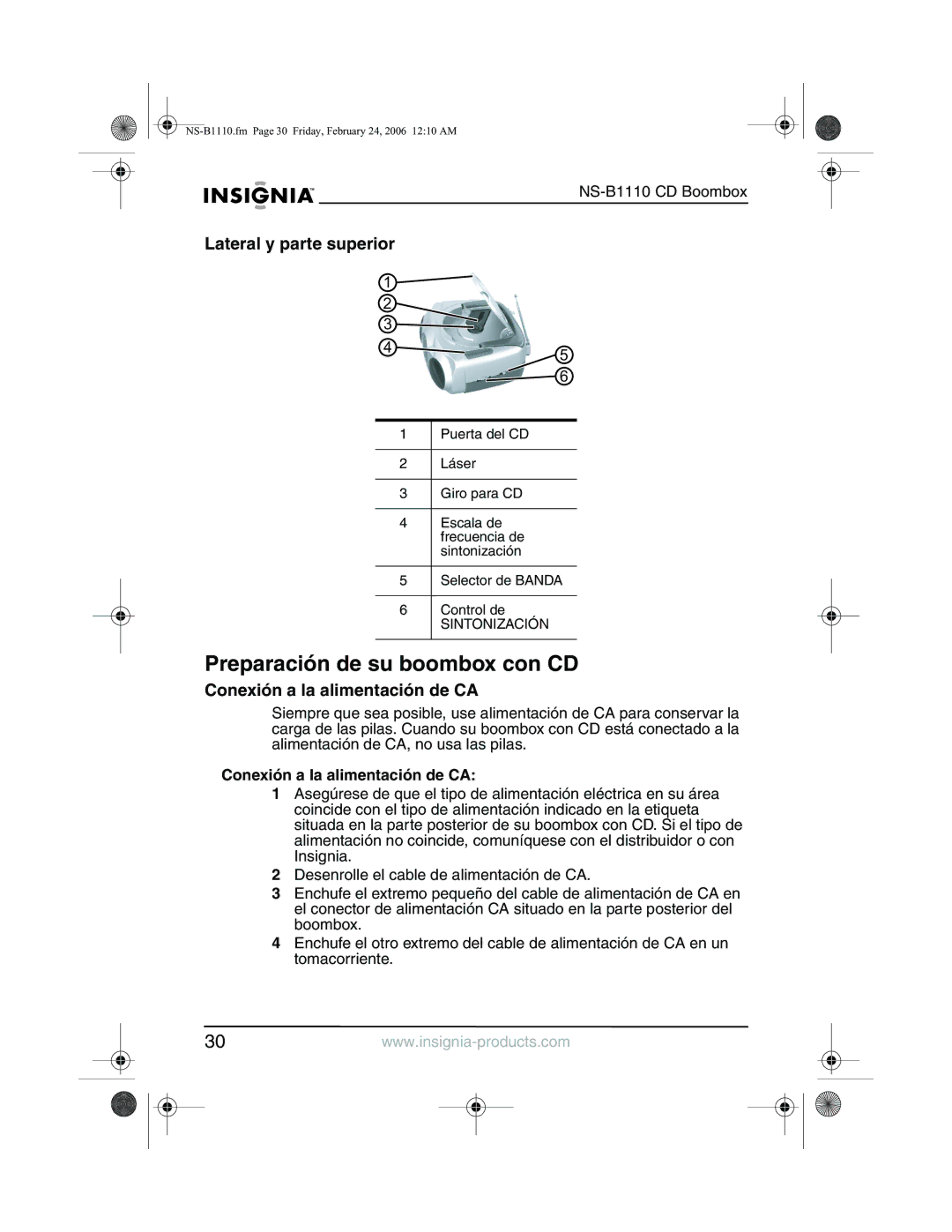 Insignia NS-B1110 manual Preparación de su boombox con CD, Lateral y parte superior, Conexión a la alimentación de CA 