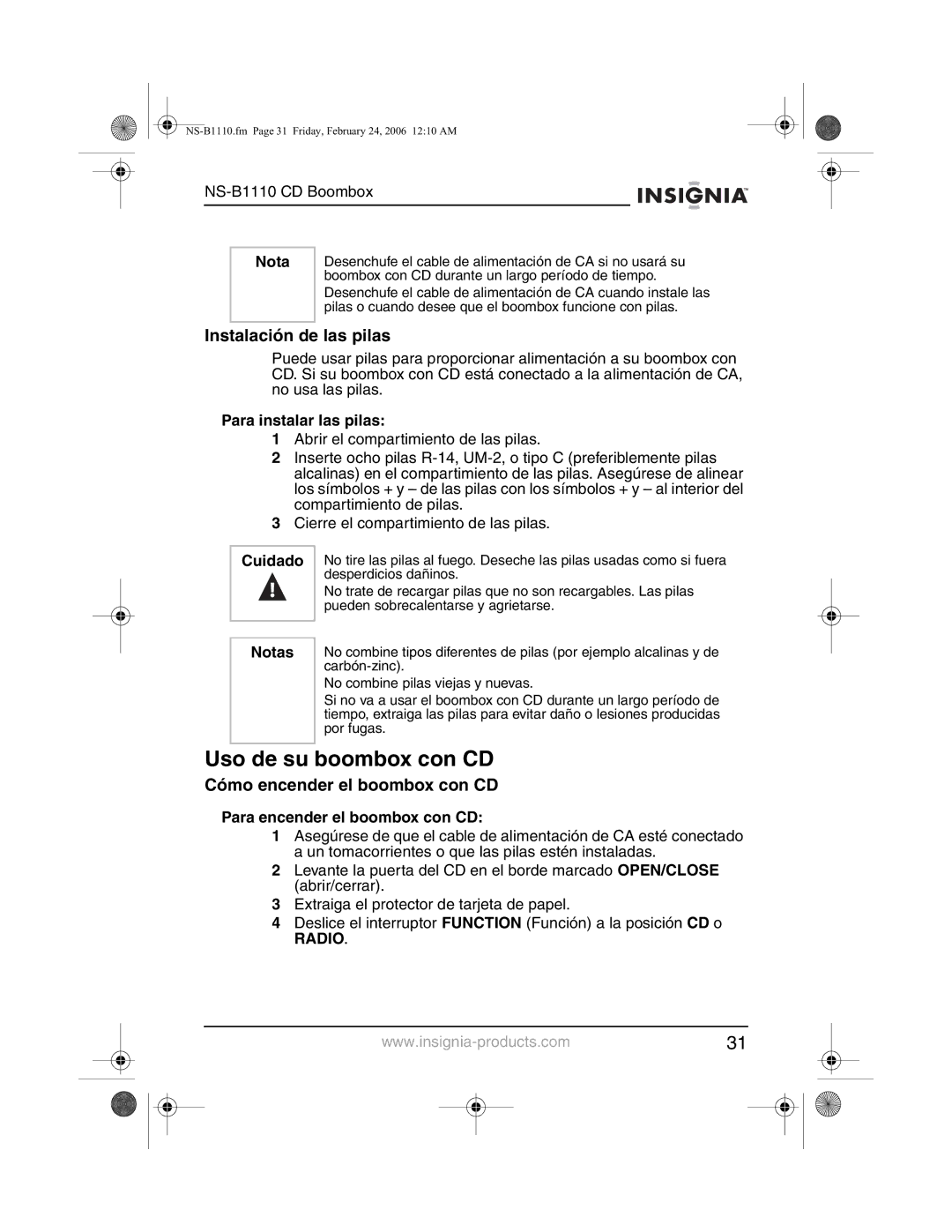 Insignia NS-B1110 manual Uso de su boombox con CD, Instalación de las pilas, Cómo encender el boombox con CD 