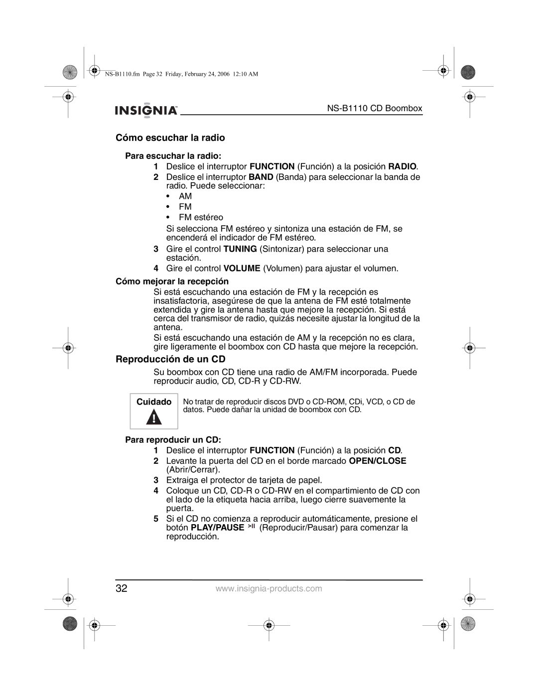 Insignia NS-B1110 manual Cómo escuchar la radio, Reproducción de un CD, Para escuchar la radio, Cómo mejorar la recepción 