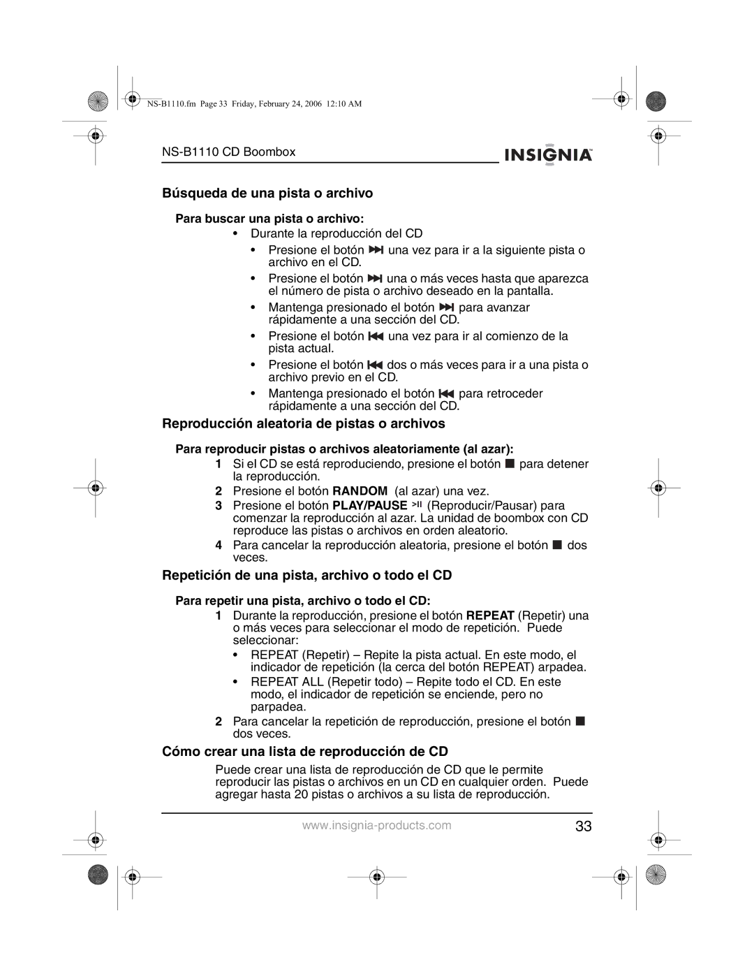 Insignia NS-B1110 manual Búsqueda de una pista o archivo, Reproducción aleatoria de pistas o archivos 