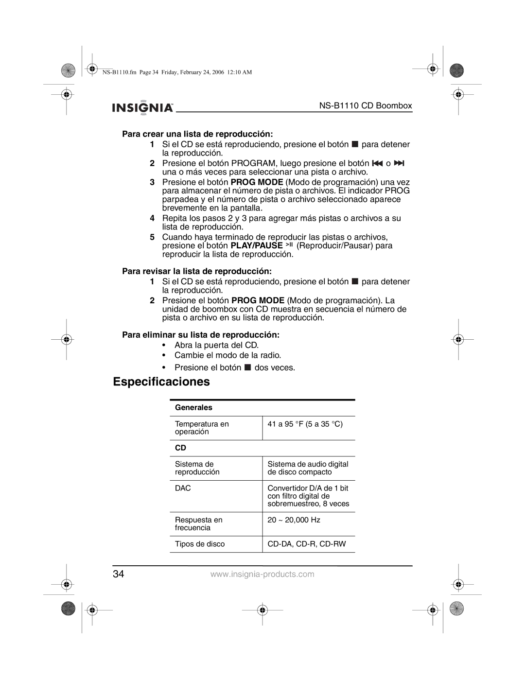 Insignia NS-B1110 manual Especificaciones, Para crear una lista de reproducción, Para revisar la lista de reproducción 