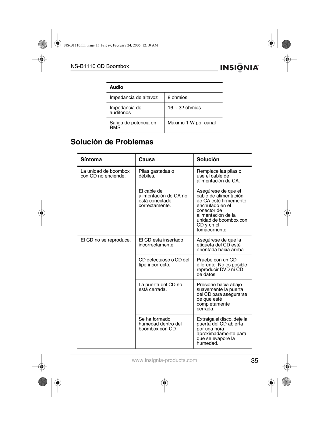 Insignia NS-B1110 manual Solución de Problemas, Síntoma Causa Solución 