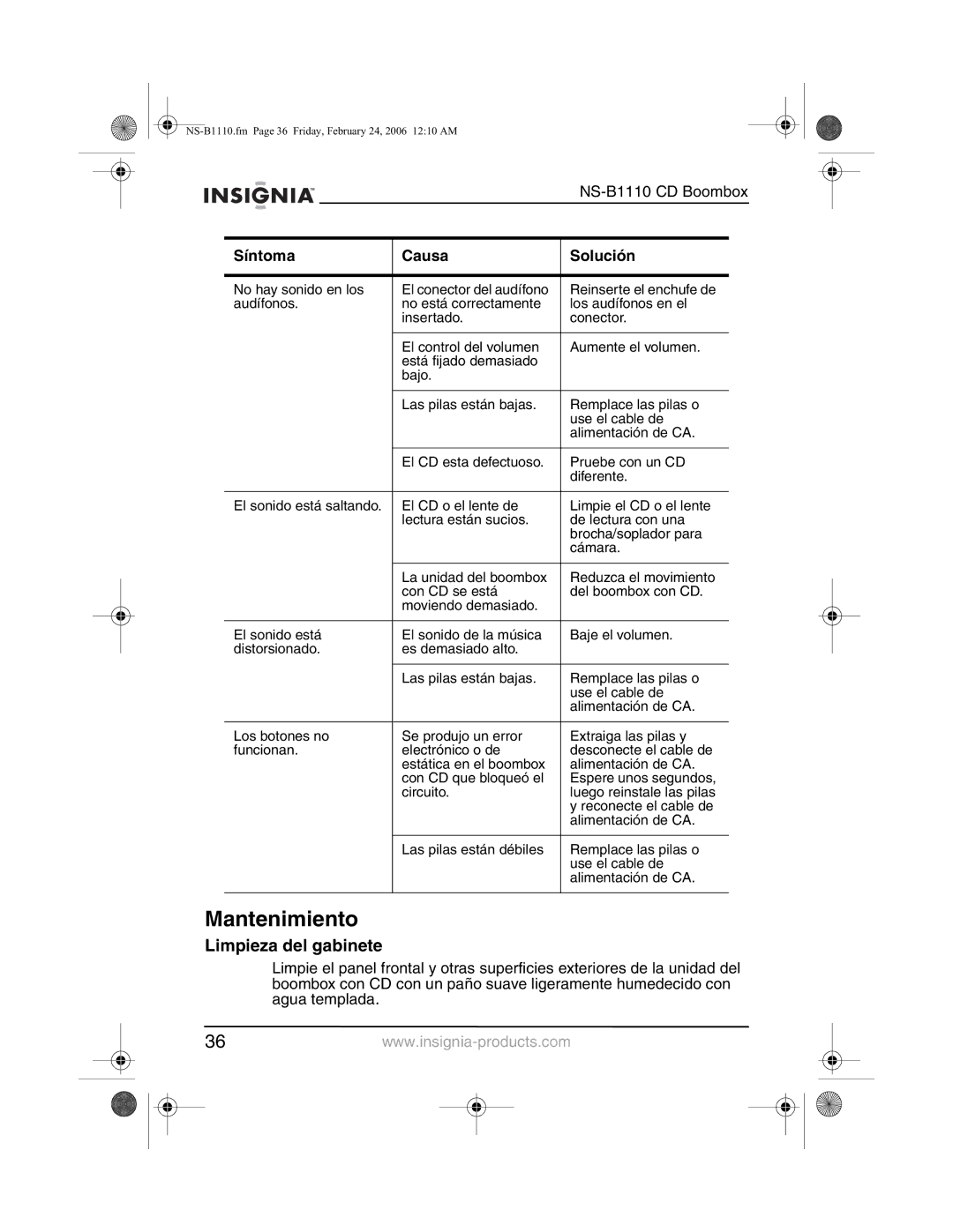 Insignia NS-B1110 manual Mantenimiento, Limpieza del gabinete 