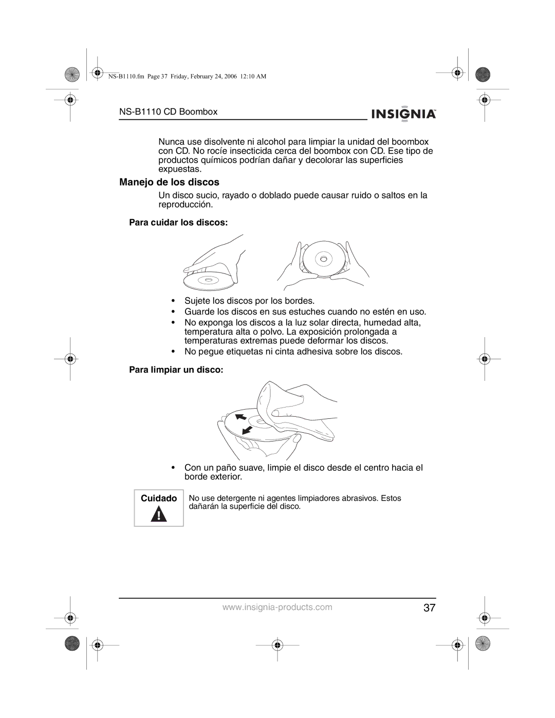 Insignia NS-B1110 manual Manejo de los discos, Para cuidar los discos, Para limpiar un disco Cuidado 