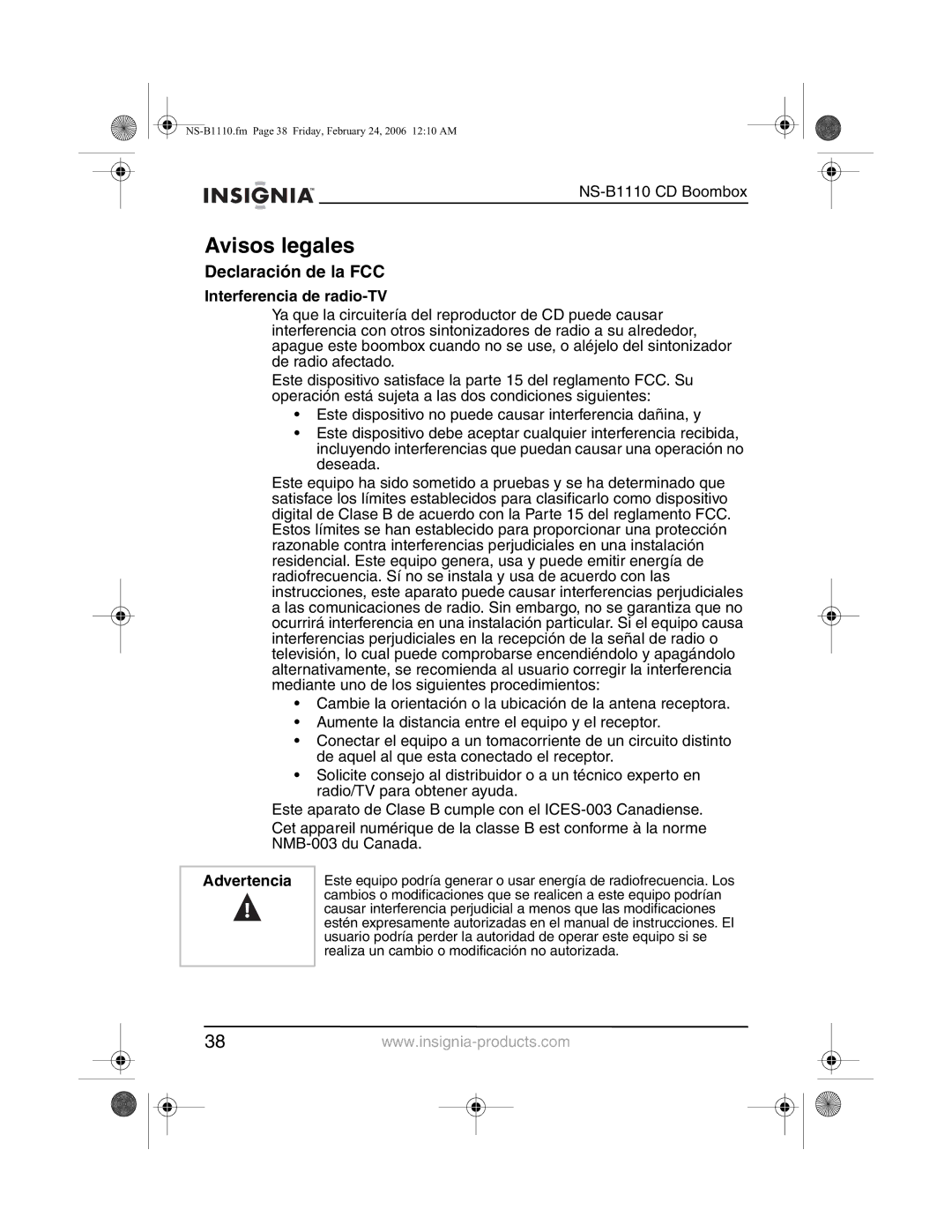 Insignia NS-B1110 manual Avisos legales, Declaración de la FCC, Interferencia de radio-TV, Advertencia 