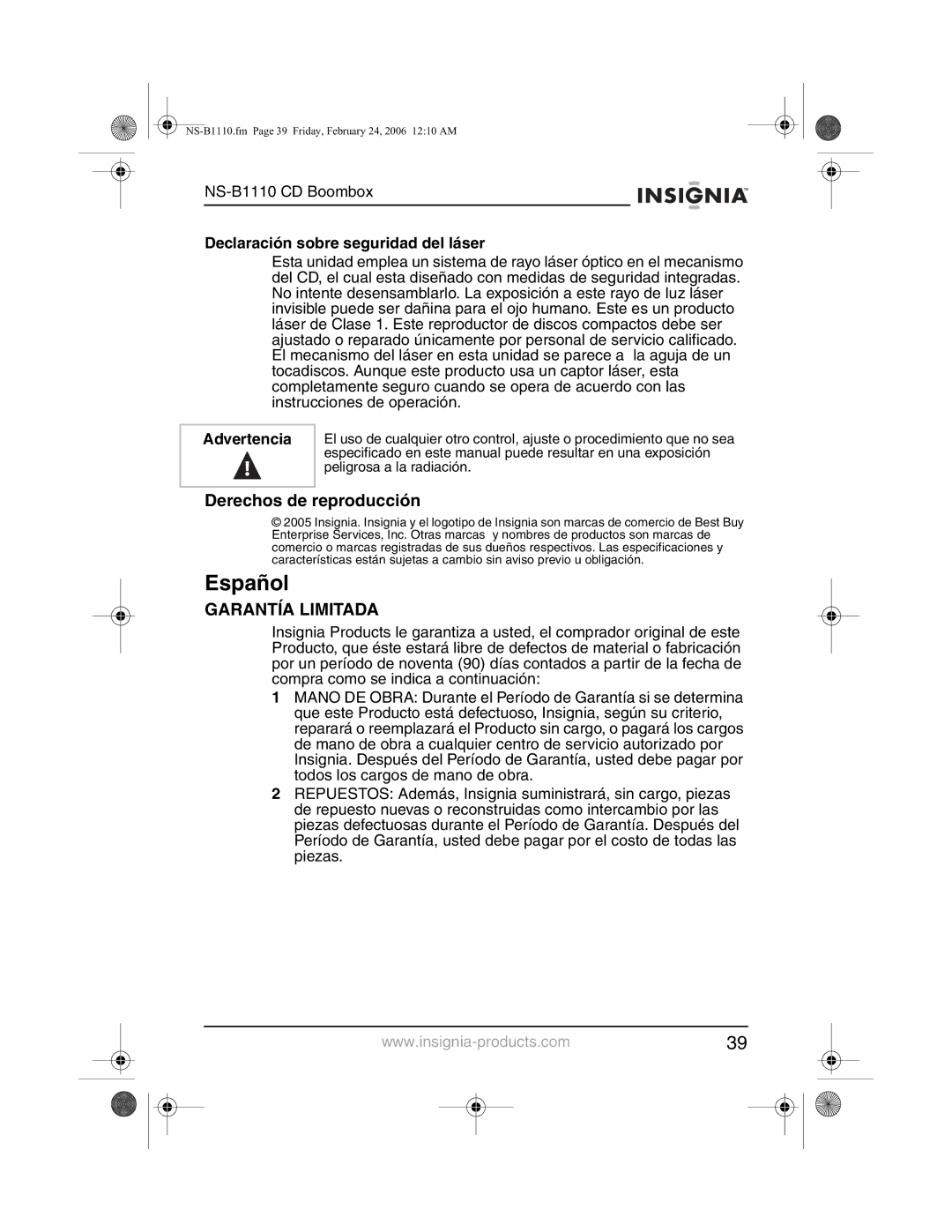 Insignia NS-B1110 manual Español, Derechos de reproducción, Declaración sobre seguridad del láser 