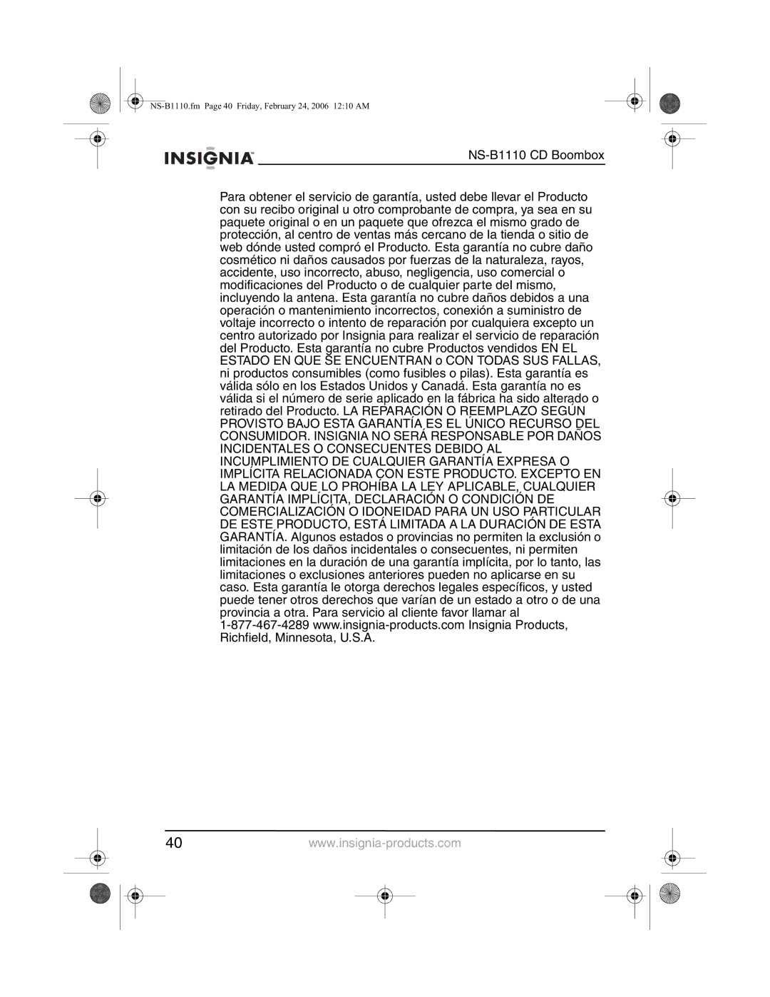 Insignia manual NS-B1110.fm Page 40 Friday, February 24, 2006 1210 AM 