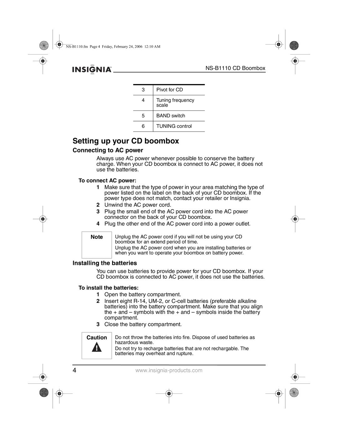 Insignia NS-B1110 manual Setting up your CD boombox, Connecting to AC power, Installing the batteries, To connect AC power 