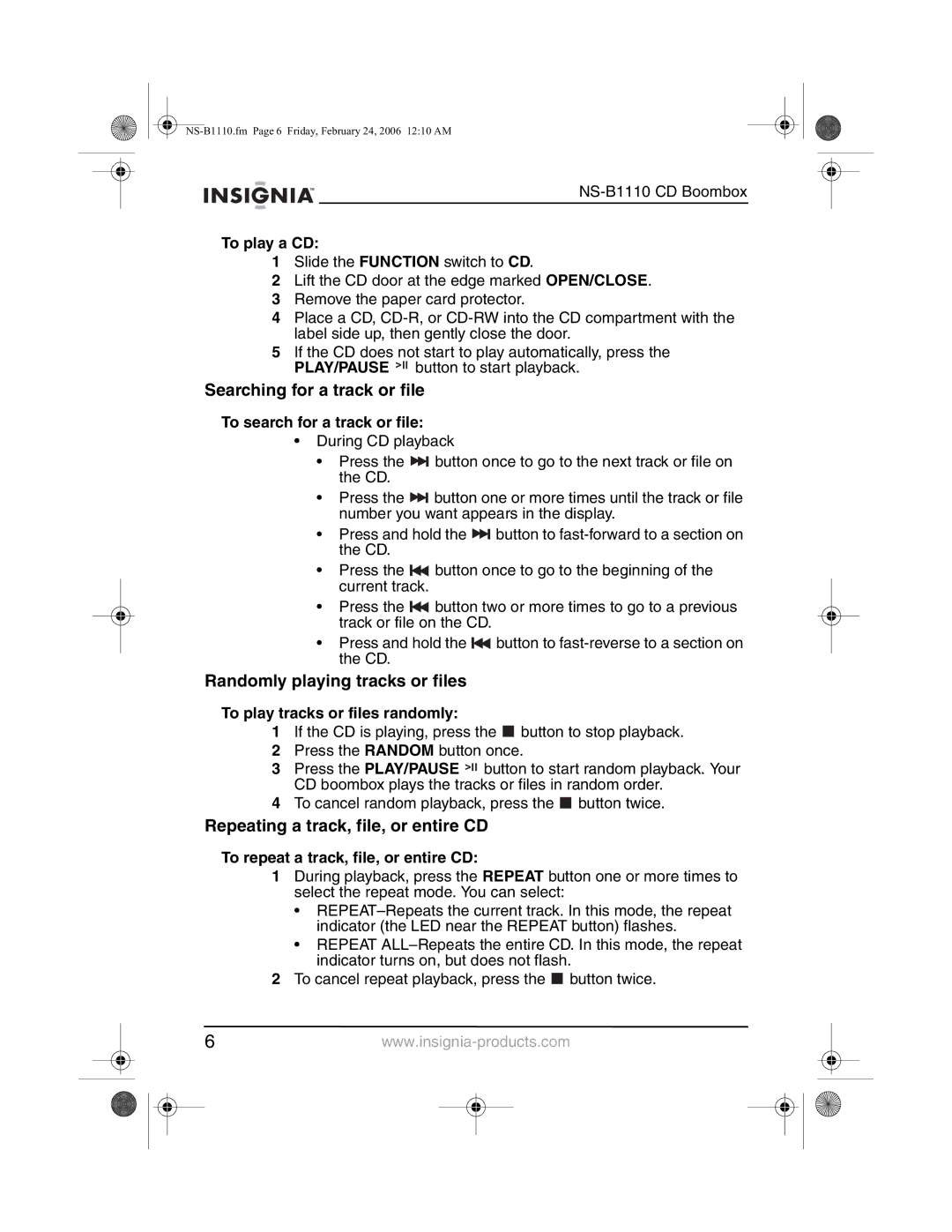 Insignia NS-B1110 Searching for a track or file, Randomly playing tracks or files, Repeating a track, file, or entire CD 