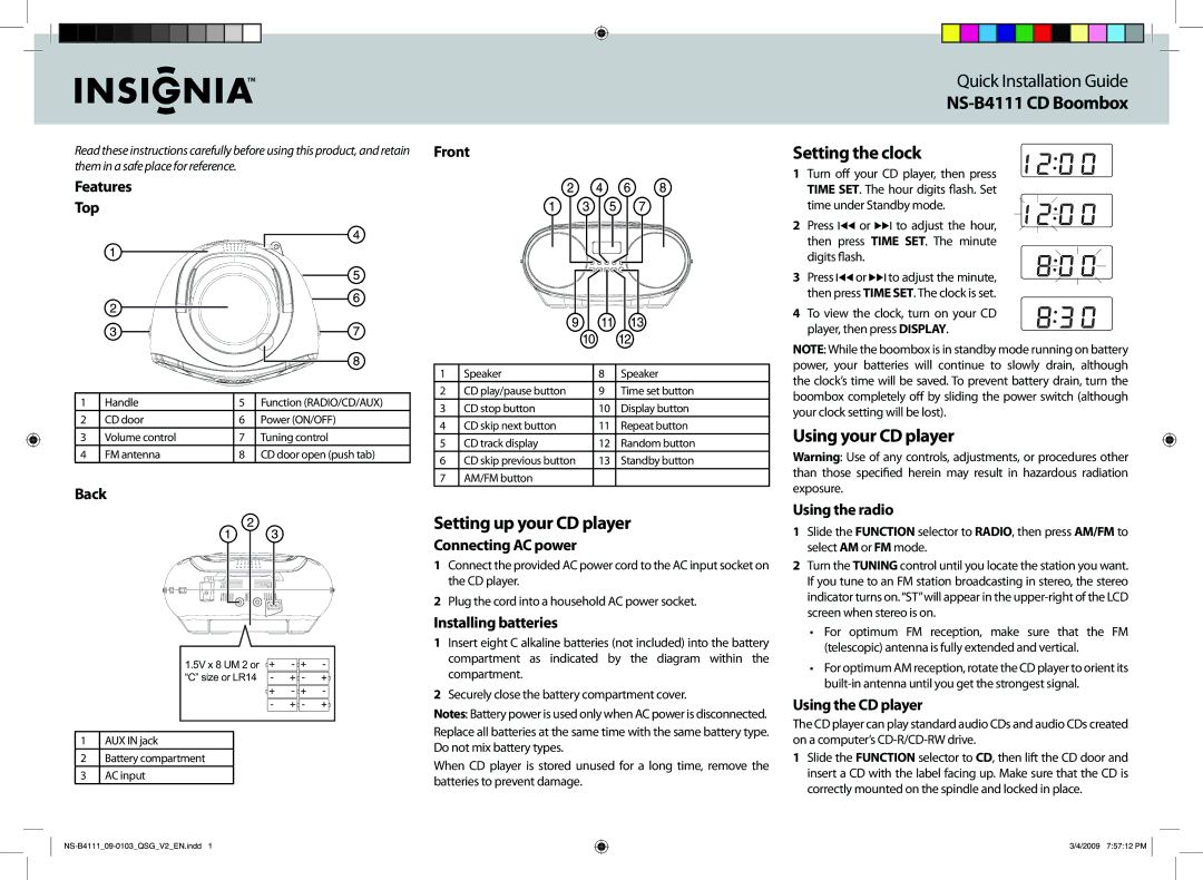 Insignia manual Setting up your CD player, NS-B4111 CD Boombox Setting the clock, Using your CD player 