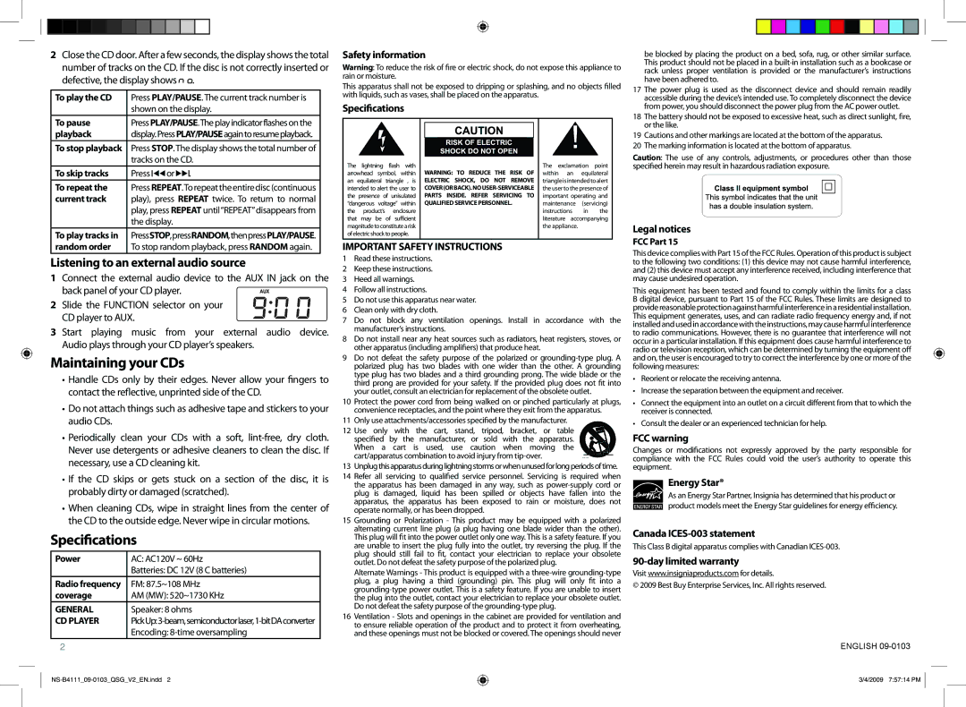 Insignia NS-B4111 manual Maintaining your CDs, Speciﬁcations, Listening to an external audio source 