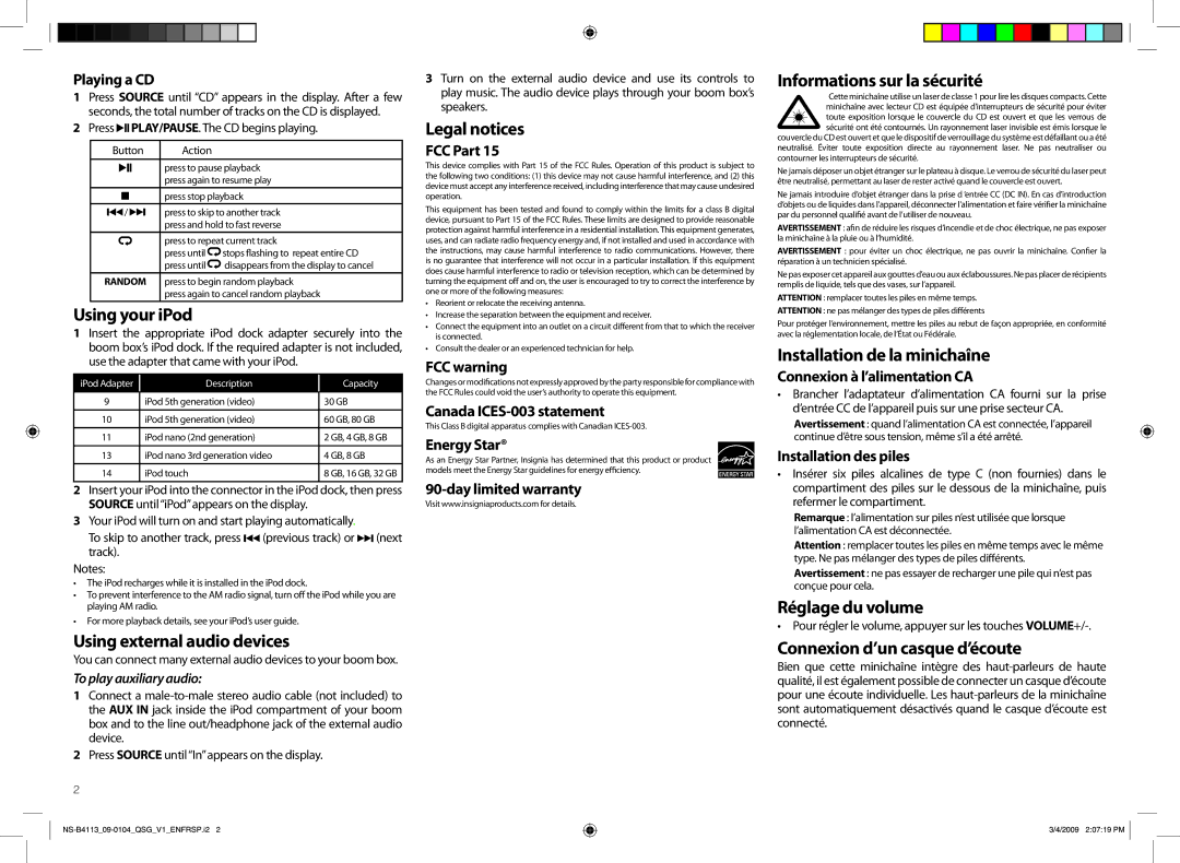 Insignia NS-B4113 setup guide Using your iPod, Using external audio devices, Legal notices, Informations sur la sécurité 