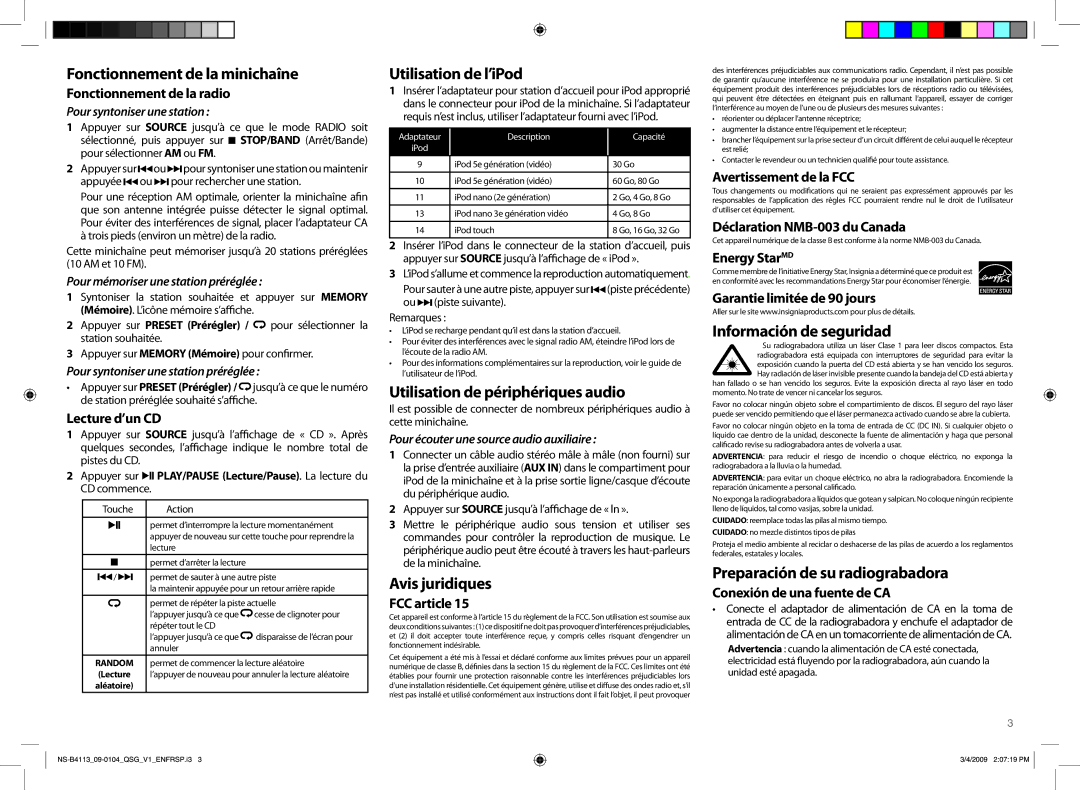 Insignia NS-B4113 setup guide Fonctionnement de la minichaîne, Utilisation de l’iPod, Utilisation de périphériques audio 