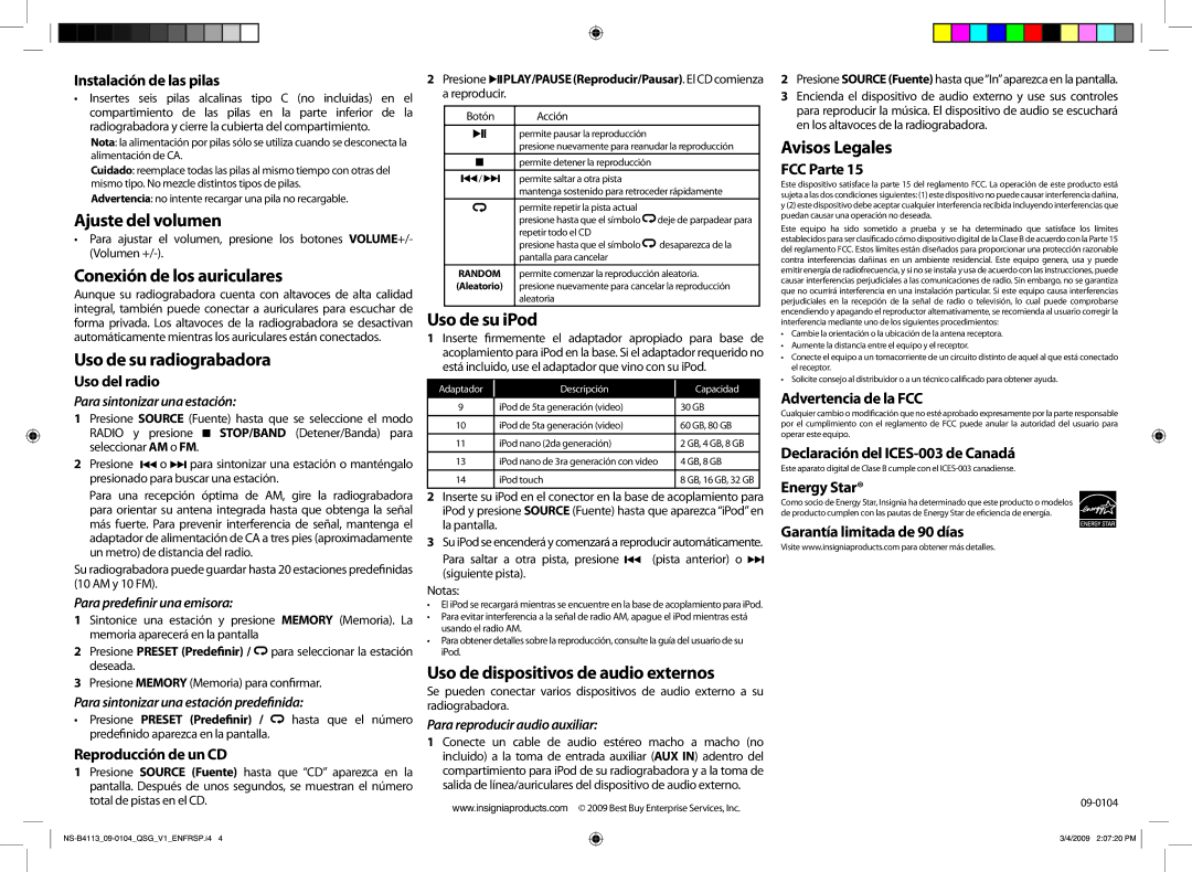 Insignia NS-B4113 setup guide Ajuste del volumen, Conexión de los auriculares, Uso de su radiograbadora, Uso de su iPod 