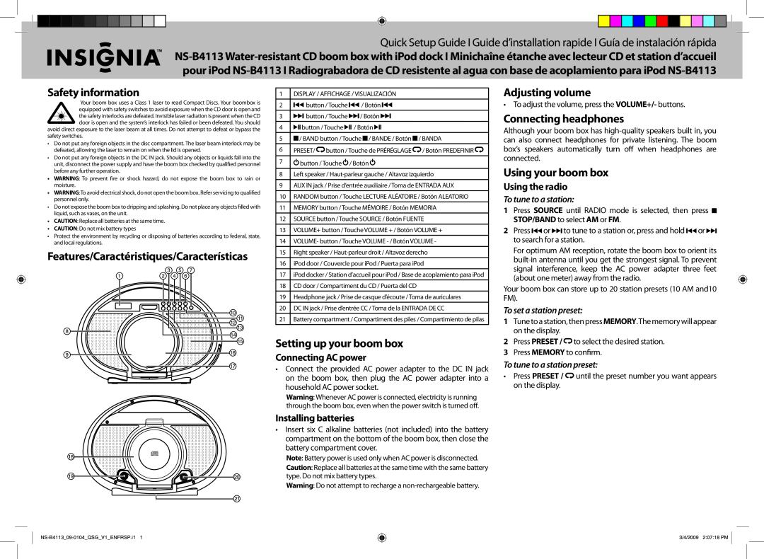 Insignia NS-B4113 setup guide Safety information, Setting up your boom box, Adjusting volume, Connecting headphones 
