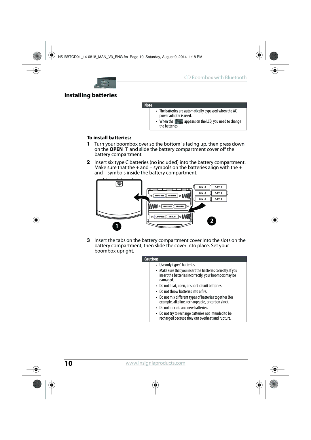 Insignia NS-BBTCD01 manual Installing batteries, To install batteries, Use only type C batteries 