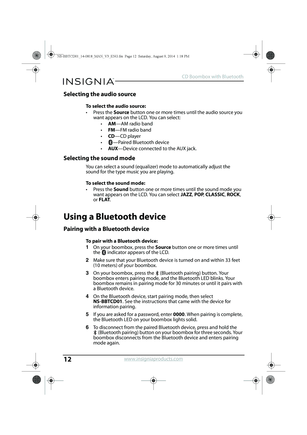 Insignia NS-BBTCD01 manual Using a Bluetooth device, Selecting the audio source, Selecting the sound mode 