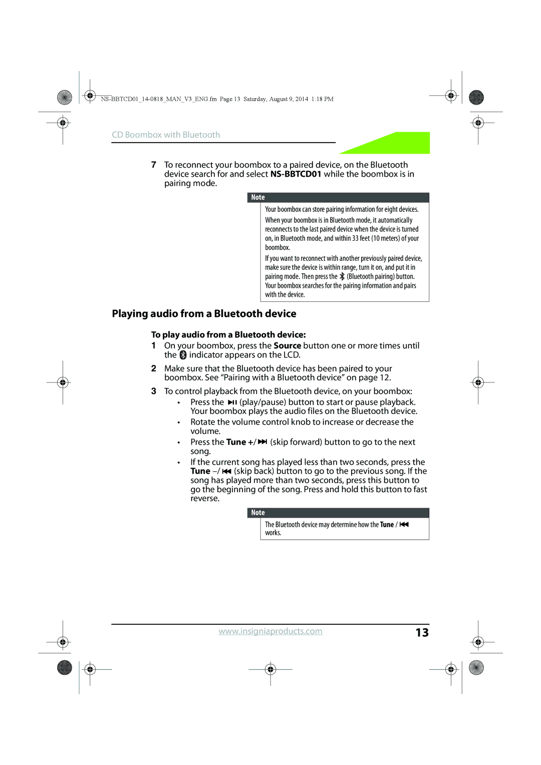 Insignia NS-BBTCD01 manual Playing audio from a Bluetooth device, To play audio from a Bluetooth device 