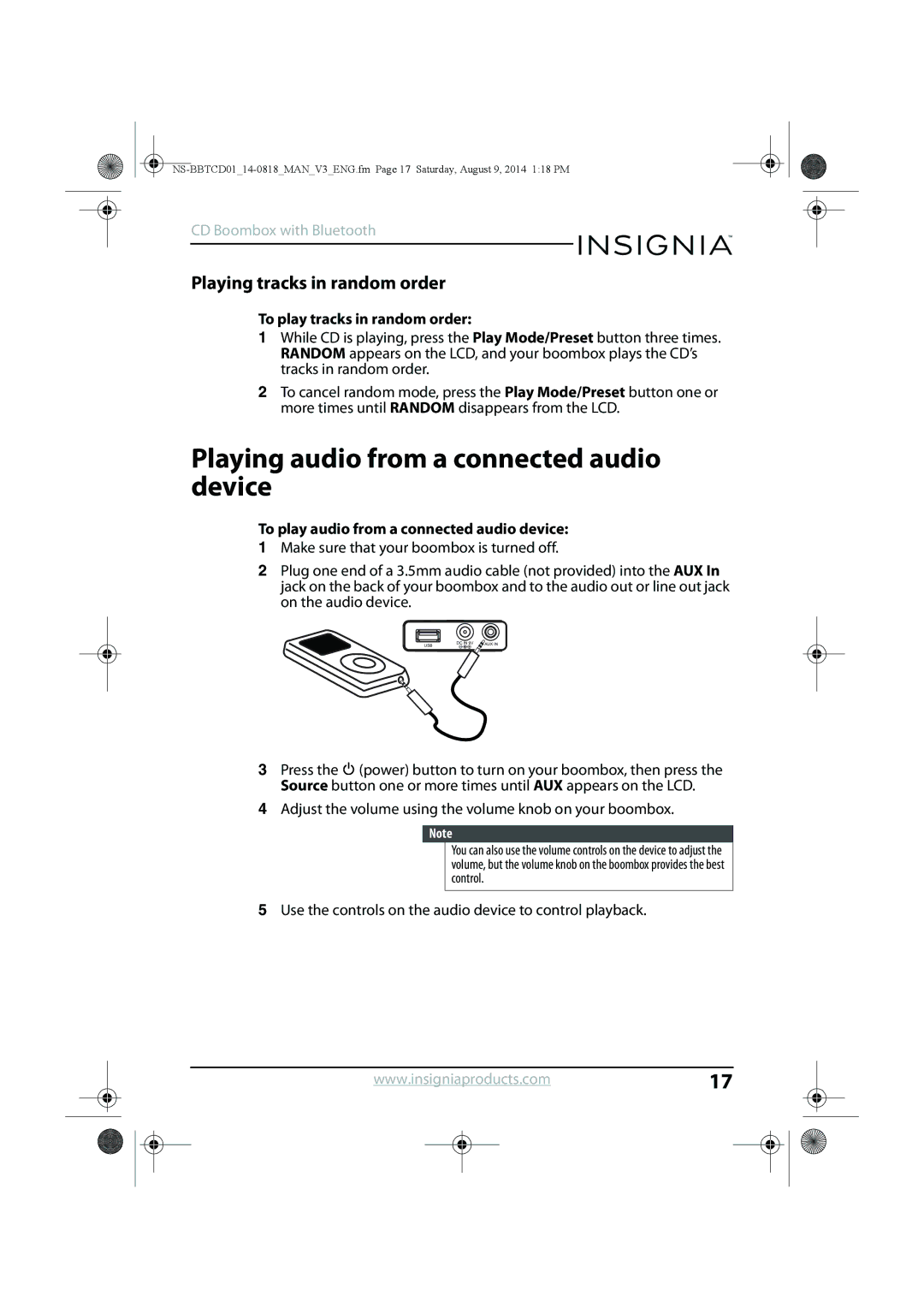 Insignia NS-BBTCD01 manual Playing audio from a connected audio device, Playing tracks in random order 