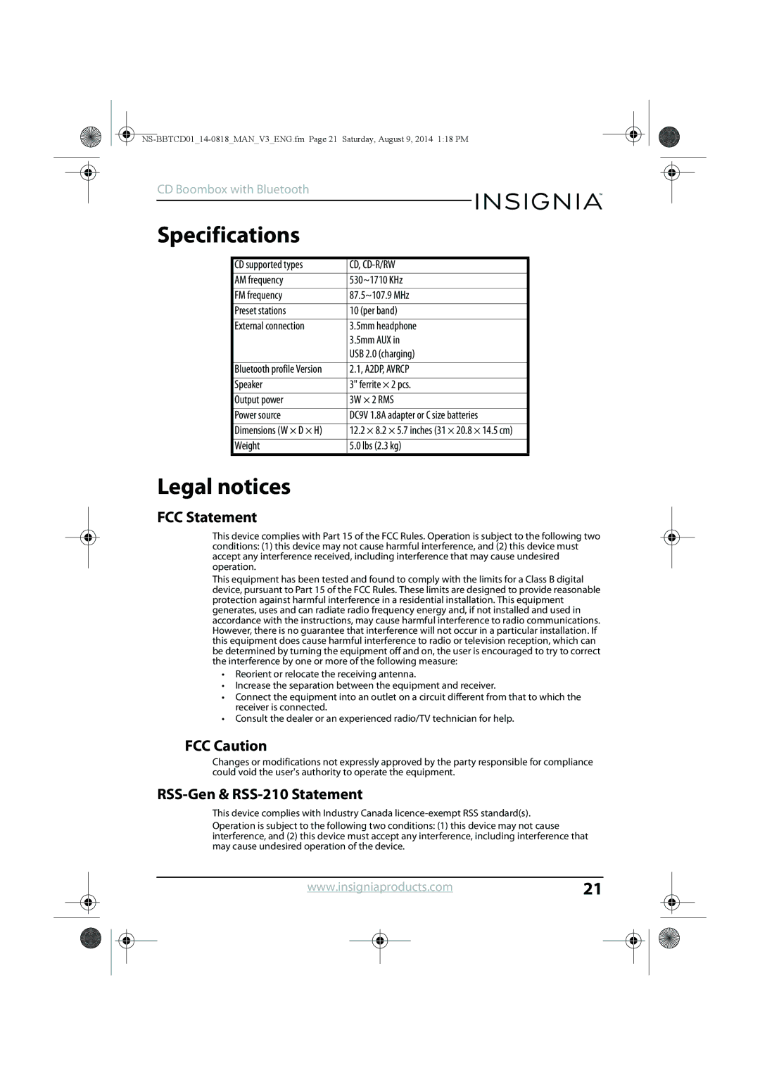 Insignia NS-BBTCD01 manual Specifications, Legal notices, FCC Statement, FCC Caution, RSS-Gen & RSS-210 Statement 