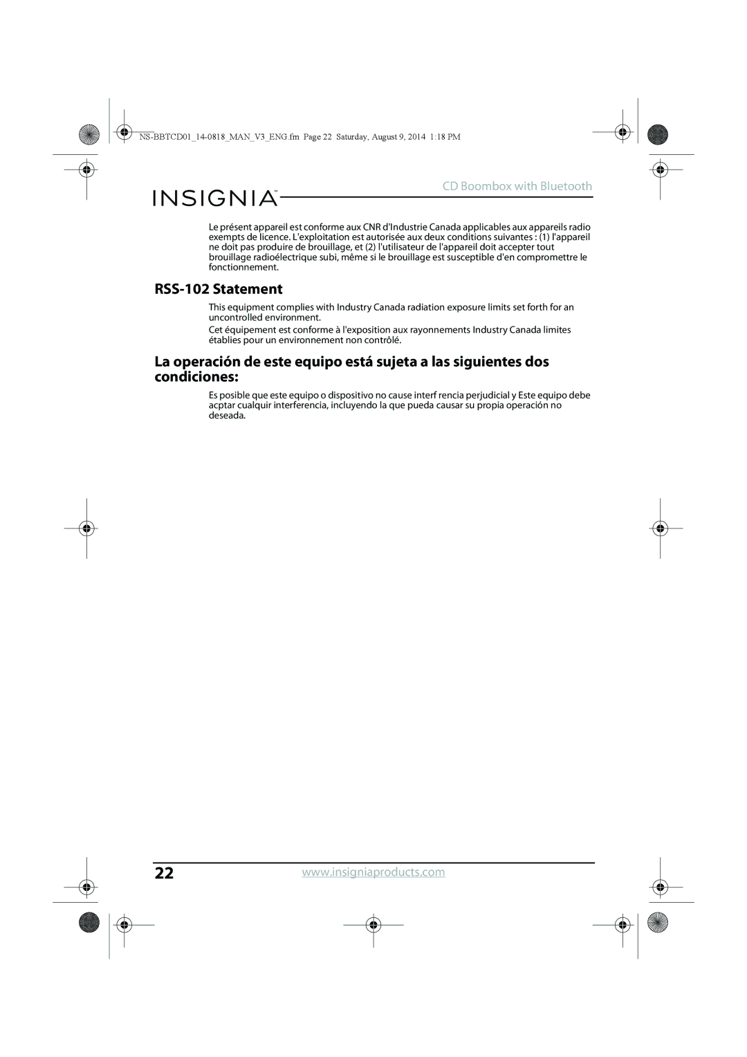 Insignia NS-BBTCD01 manual RSS-102 Statement 