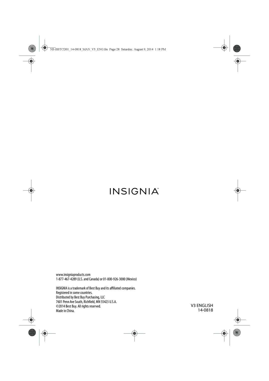 Insignia NS-BBTCD01 manual Distributed by Best Buy Purchasing, LLC, Made in China 