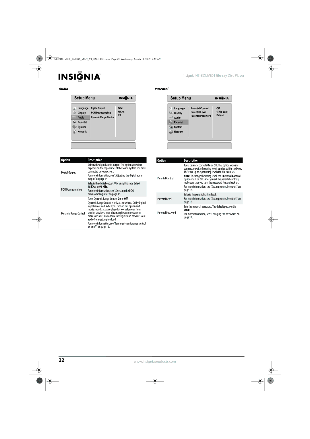 Insignia NS-BDLIVE01 manual Audio Parental, Digital Output, Turns Dynamic Range Control On or Off 