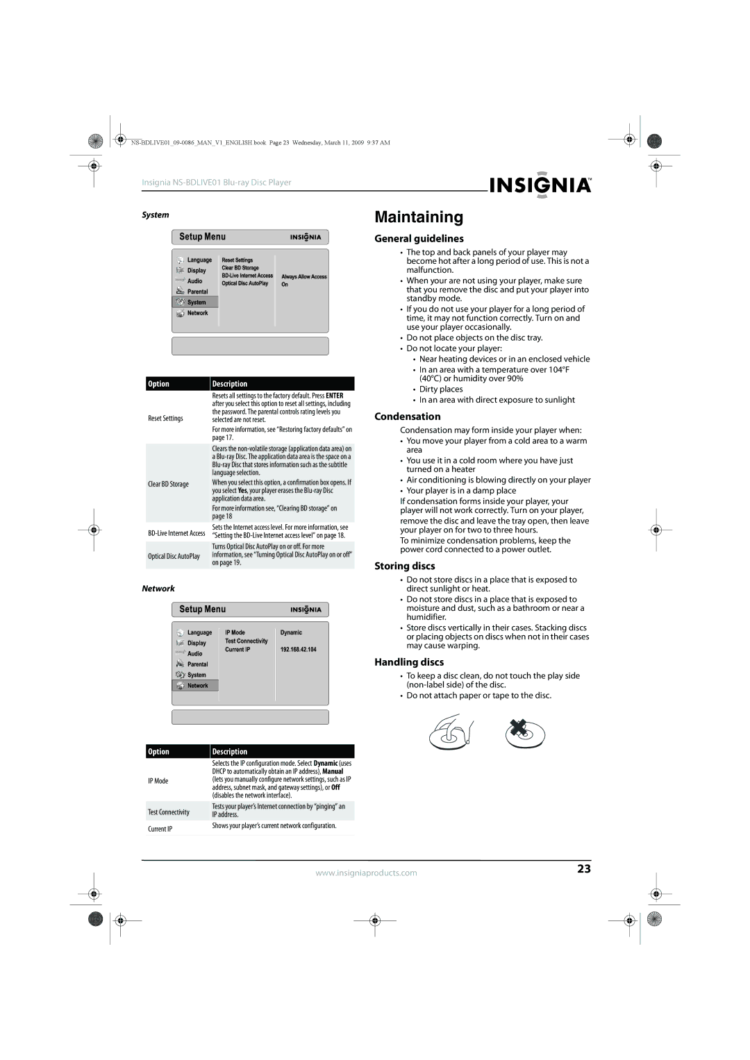 Insignia NS-BDLIVE01 manual Condensation, Storing discs, Handling discs, System, Network 