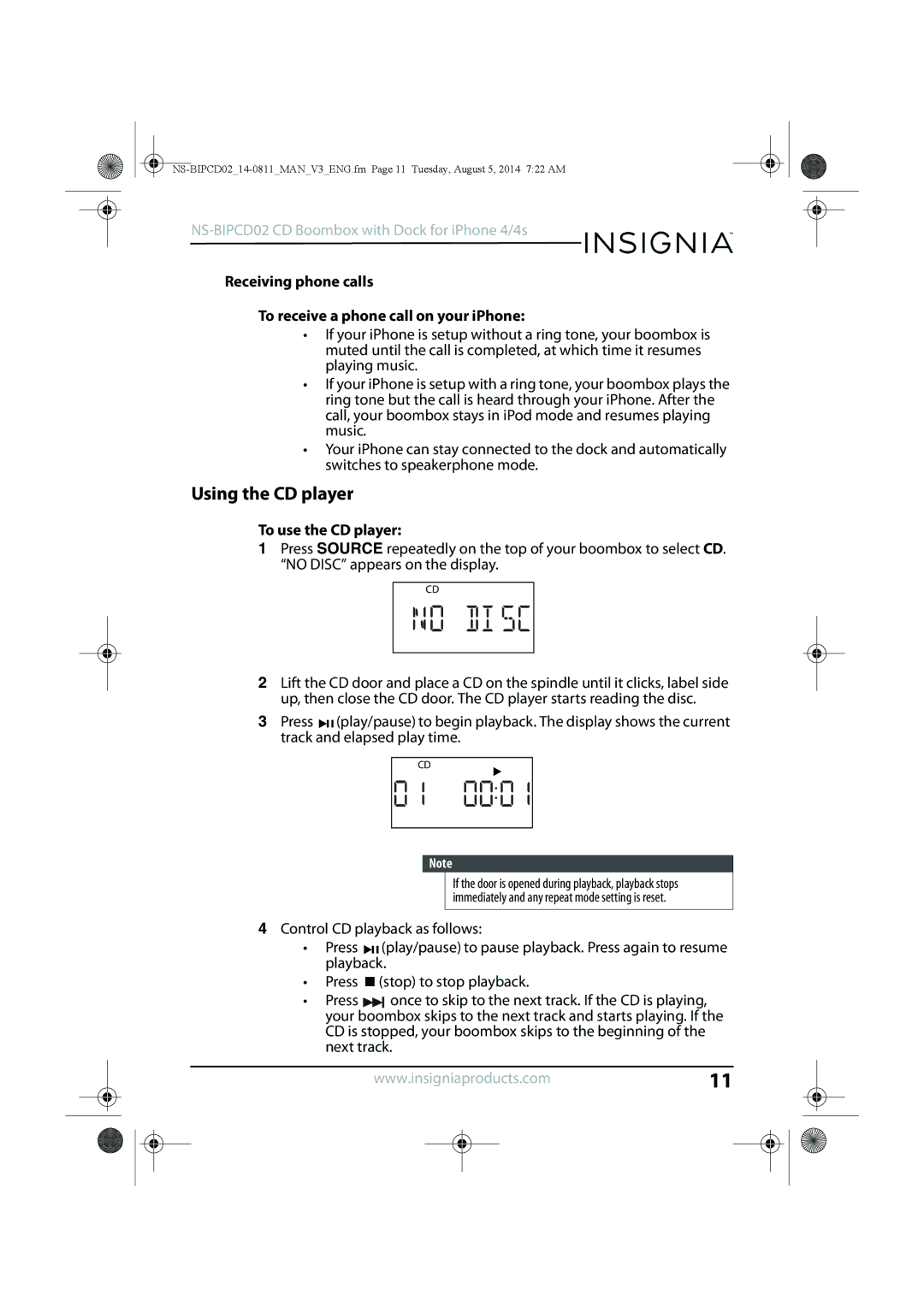 Insignia NS-BIPCD02 manual Using the CD player, To use the CD player 