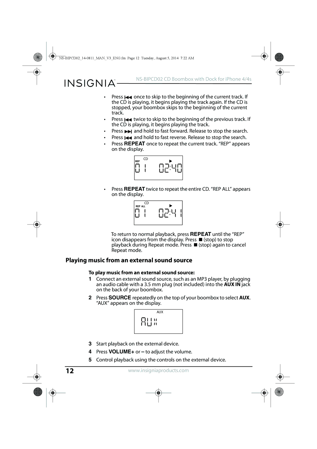 Insignia NS-BIPCD02 manual Playing music from an external sound source, To play music from an external sound source 