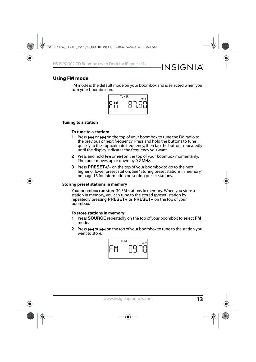 Insignia NS-BIPCD02 manual Using FM mode, Tuning to a station To tune to a station, Storing preset stations in memory 