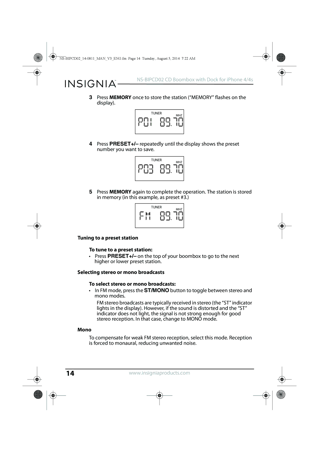 Insignia NS-BIPCD02 manual Tuning to a preset station To tune to a preset station, Mono 