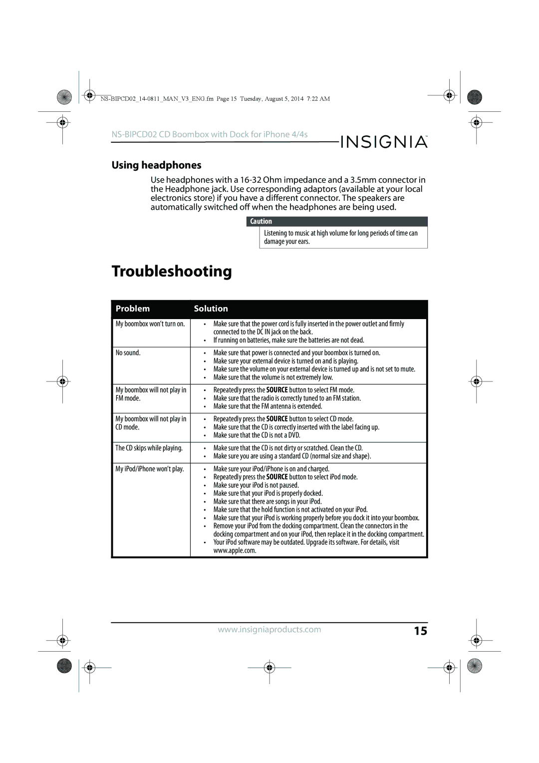 Insignia NS-BIPCD02 manual Troubleshooting, Using headphones 