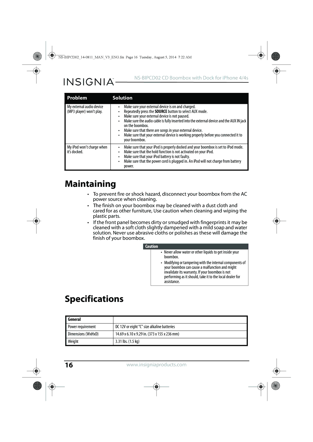 Insignia NS-BIPCD02 manual Maintaining, Specifications 