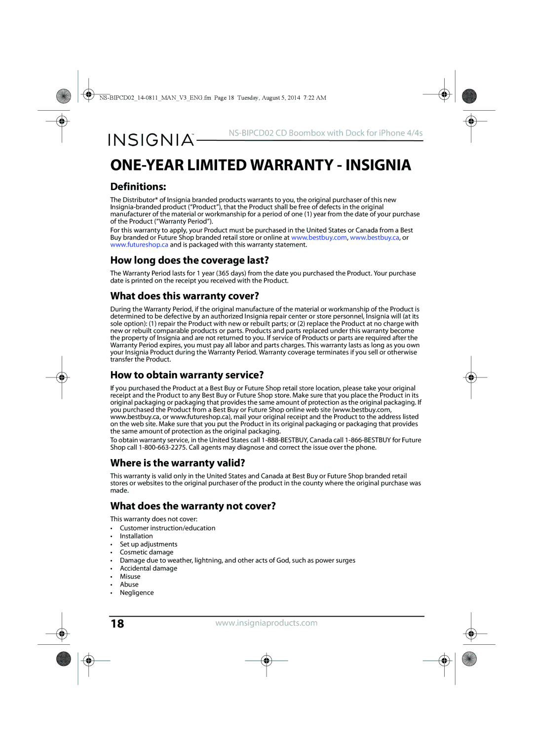 Insignia NS-BIPCD02 manual Definitions, How long does the coverage last?, What does this warranty cover? 