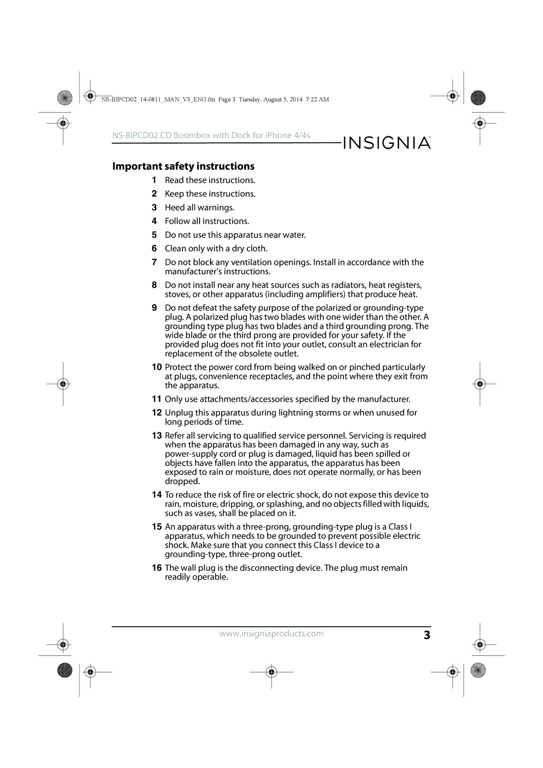 Insignia NS-BIPCD02 manual Important safety instructions 