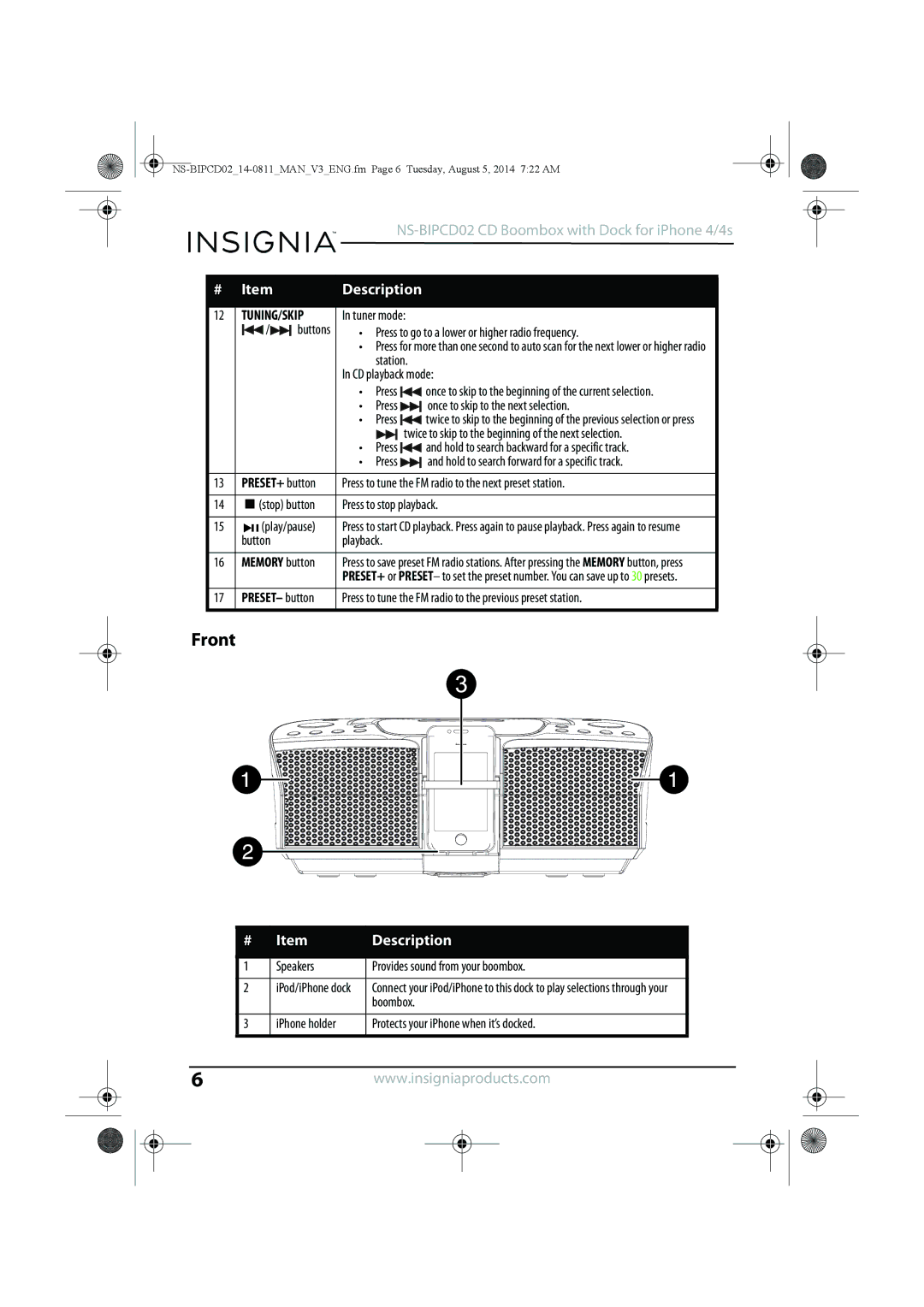 Insignia NS-BIPCD02 manual Front 