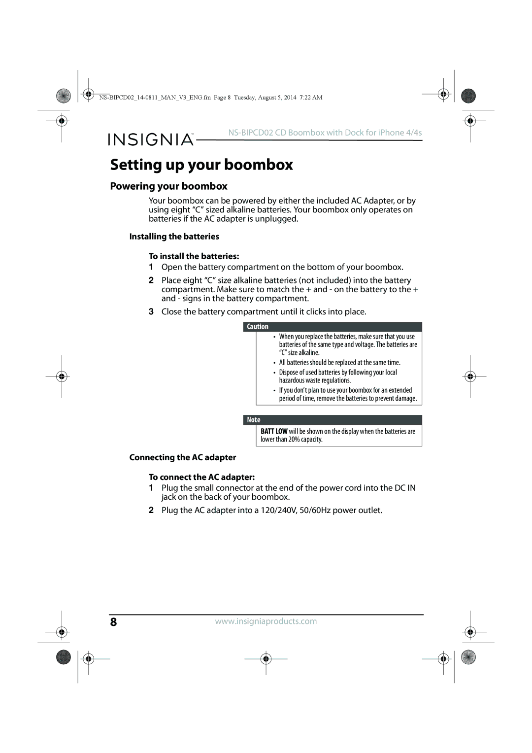 Insignia NS-BIPCD02 Setting up your boombox, Powering your boombox, Installing the batteries To install the batteries 