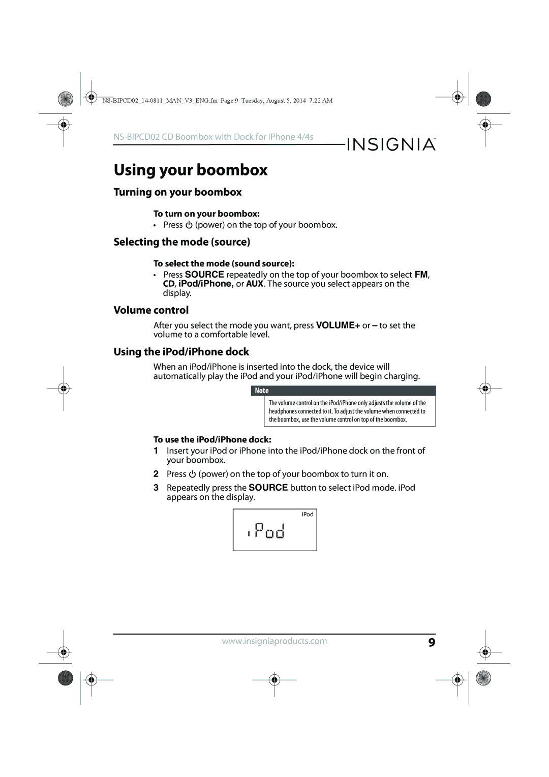 Insignia NS-BIPCD02 manual Using your boombox, Turning on your boombox, Selecting the mode source, Volume control 