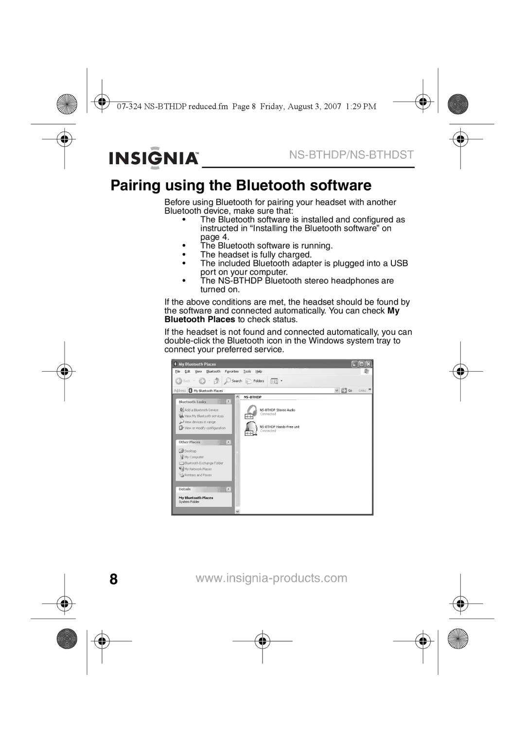 Insignia NS-BTHDST manual Pairing using the Bluetooth software 