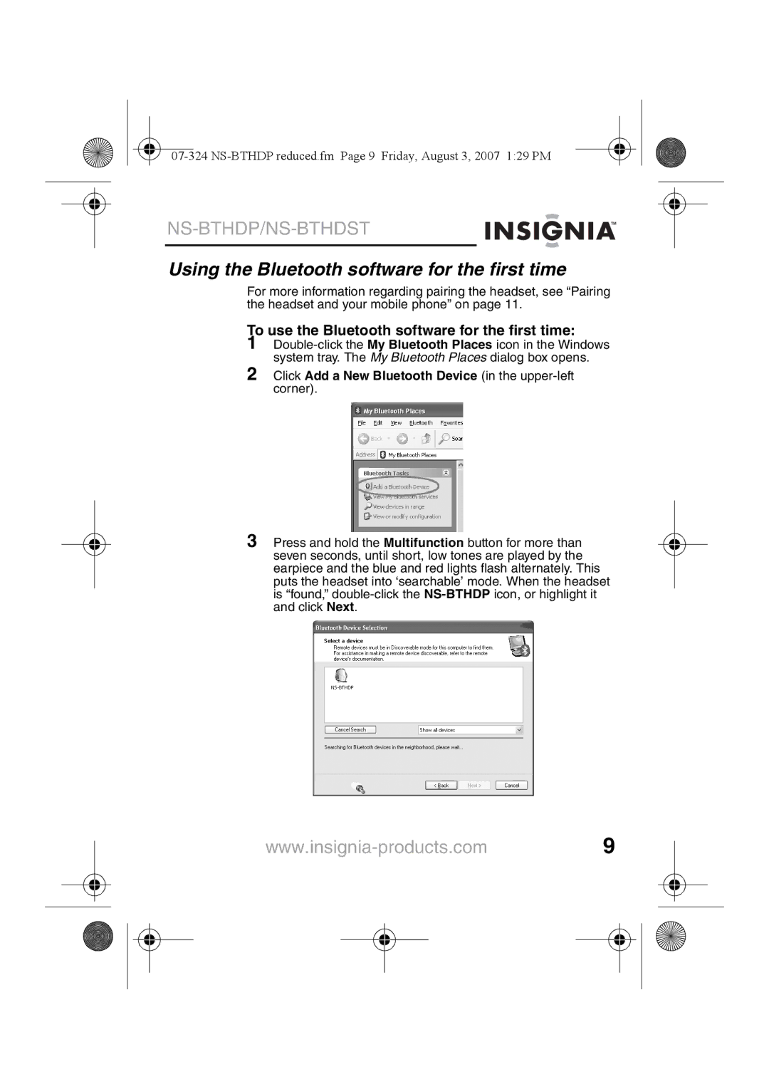 Insignia NS-BTHDST manual Using the Bluetooth software for the first time, To use the Bluetooth software for the first time 