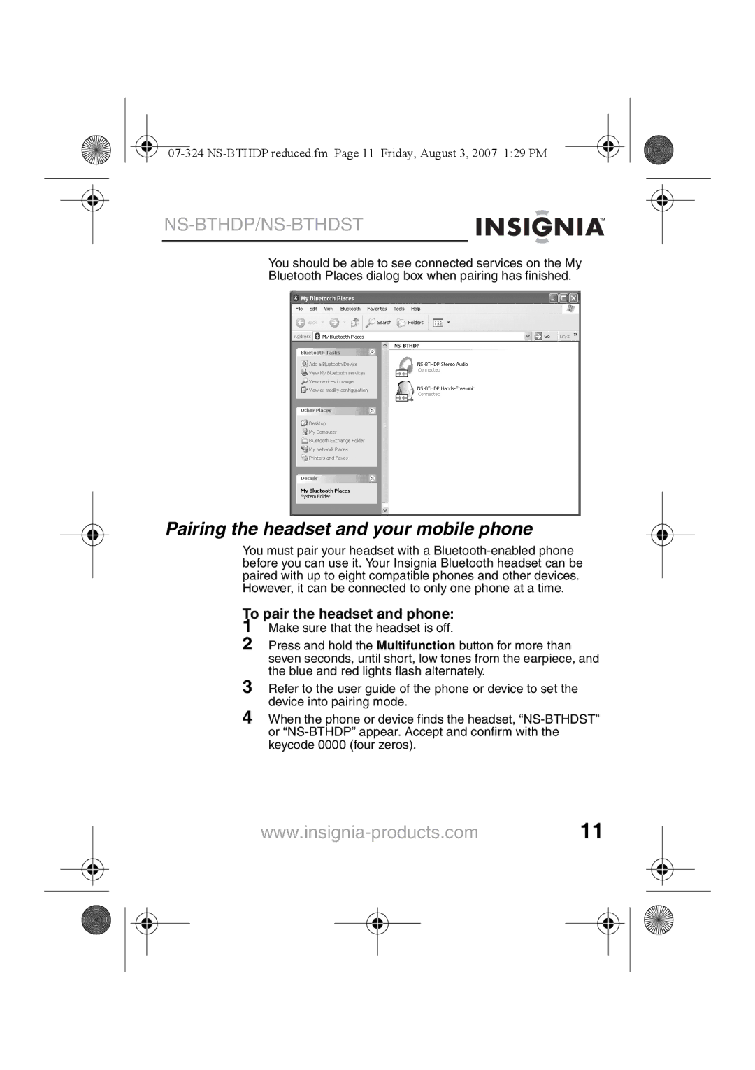 Insignia NS-BTHDST manual Pairing the headset and your mobile phone, To pair the headset and phone 