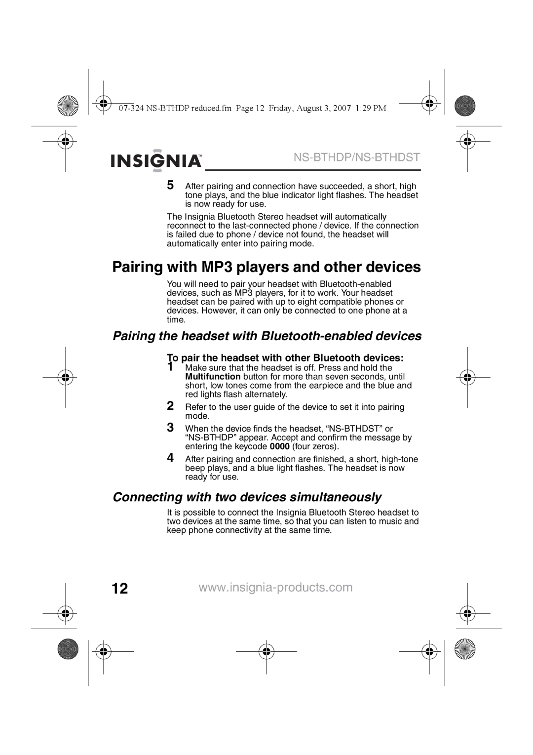 Insignia NS-BTHDST manual Pairing with MP3 players and other devices, Pairing the headset with Bluetooth-enabled devices 