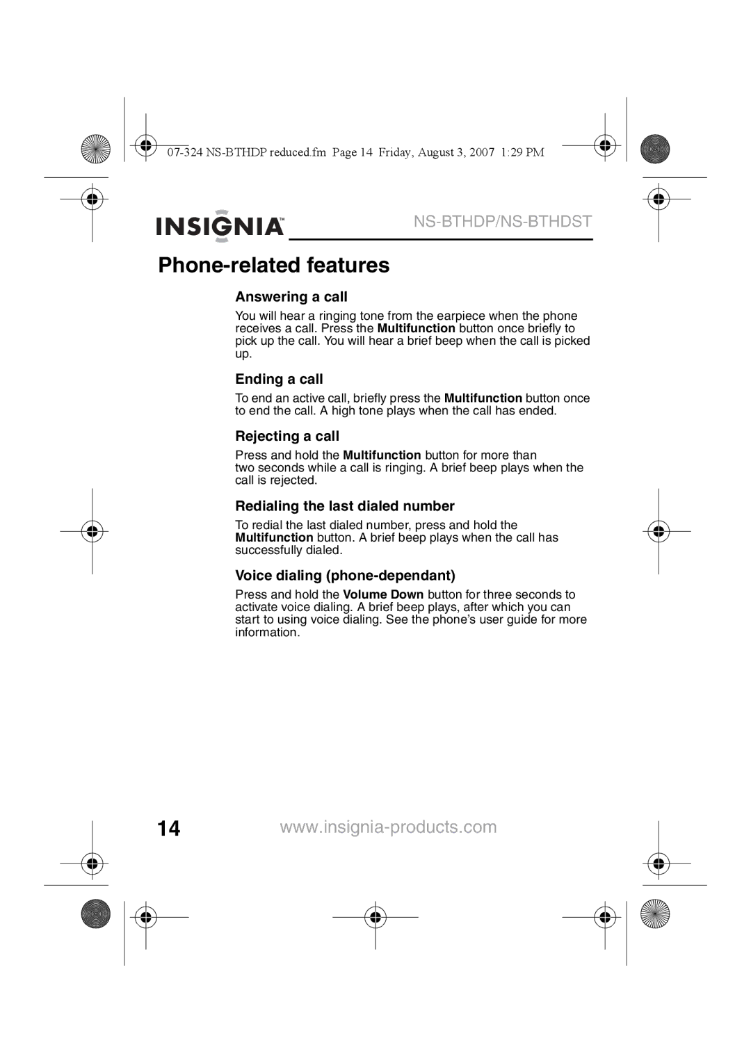 Insignia NS-BTHDST manual Phone-related features 