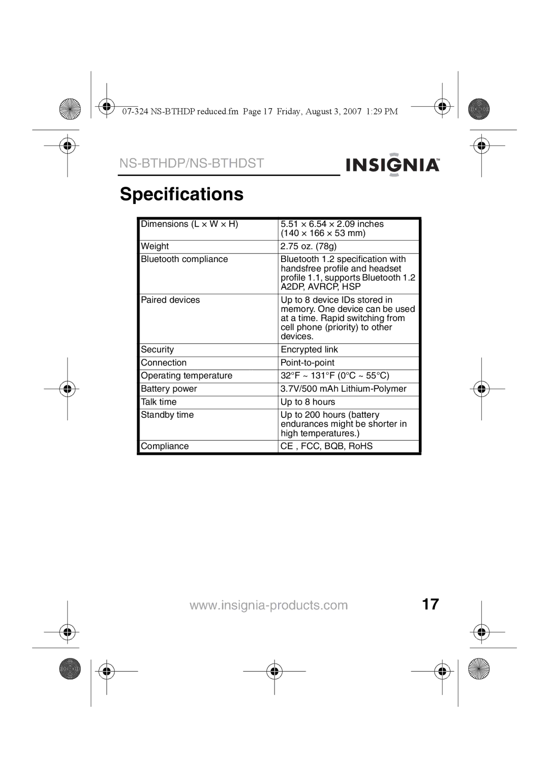 Insignia NS-BTHDST manual Specifications, A2DP, AVRCP, HSP 