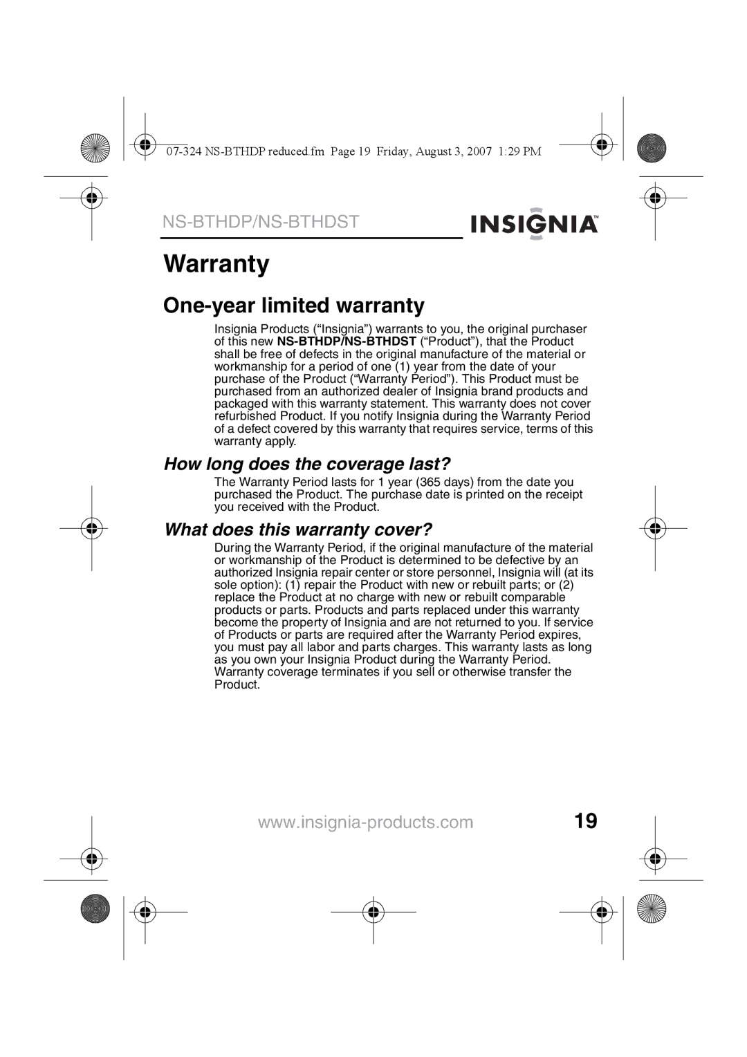 Insignia NS-BTHDST Warranty, One-year limited warranty, How long does the coverage last?, What does this warranty cover? 