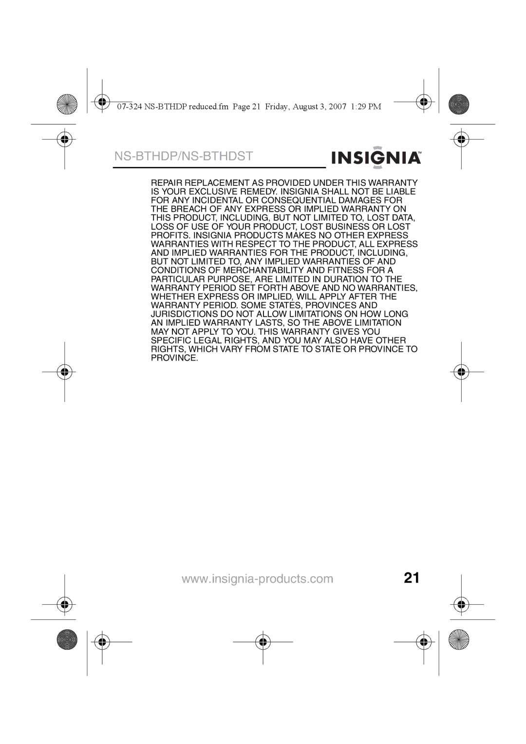 Insignia NS-BTHDST manual NS-BTHDP reduced.fm Page 21 Friday, August 3, 2007 129 PM 