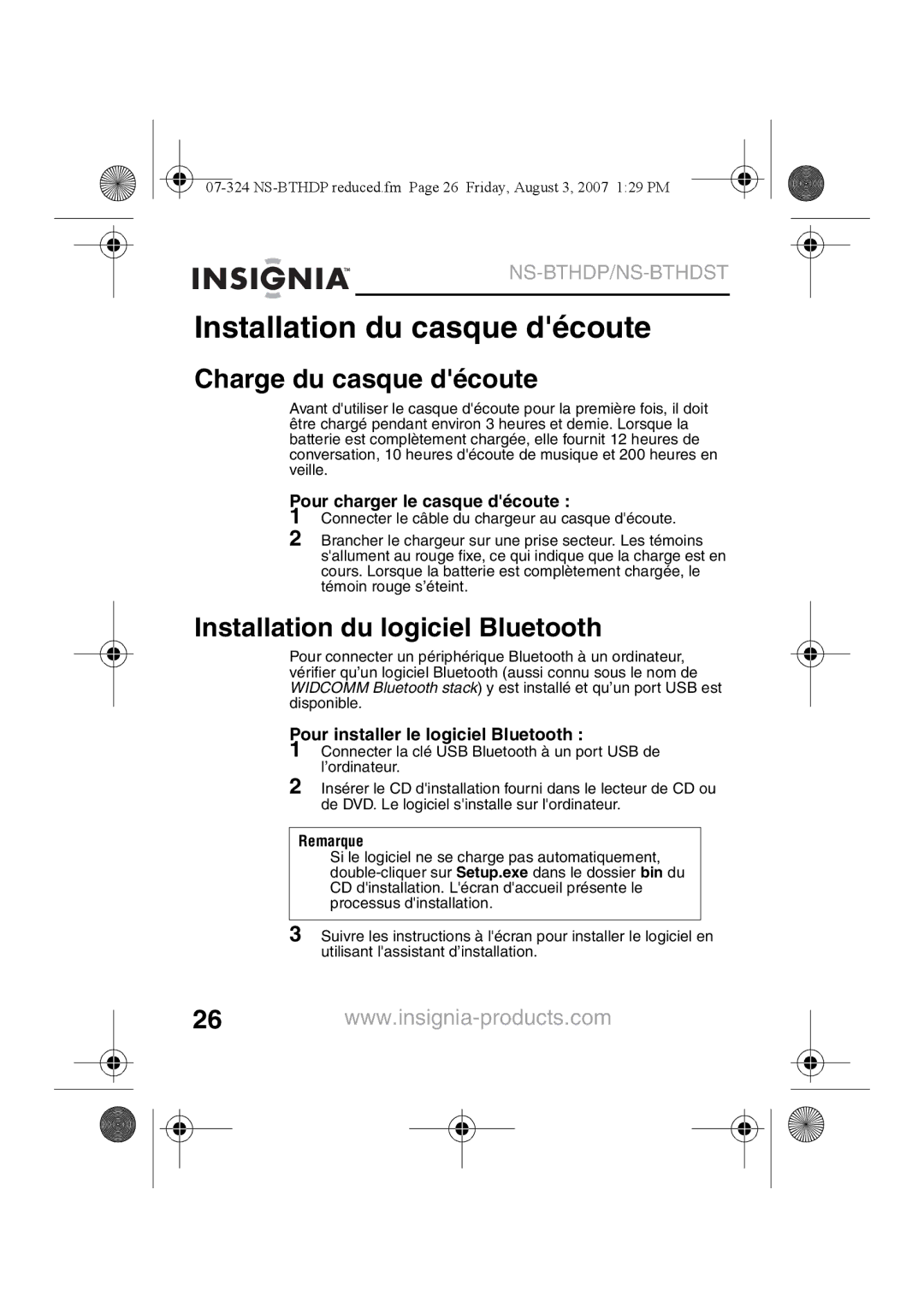 Insignia NS-BTHDST manual Installation du casque découte, Charge du casque découte, Installation du logiciel Bluetooth 